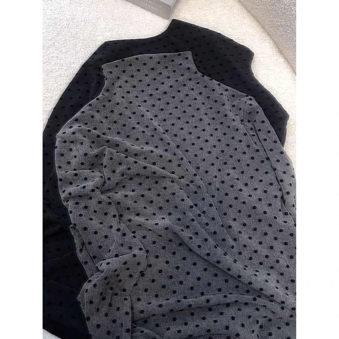 丽姐家~植绒波点长袖上衣网红洋气时尚镂空修身半高领