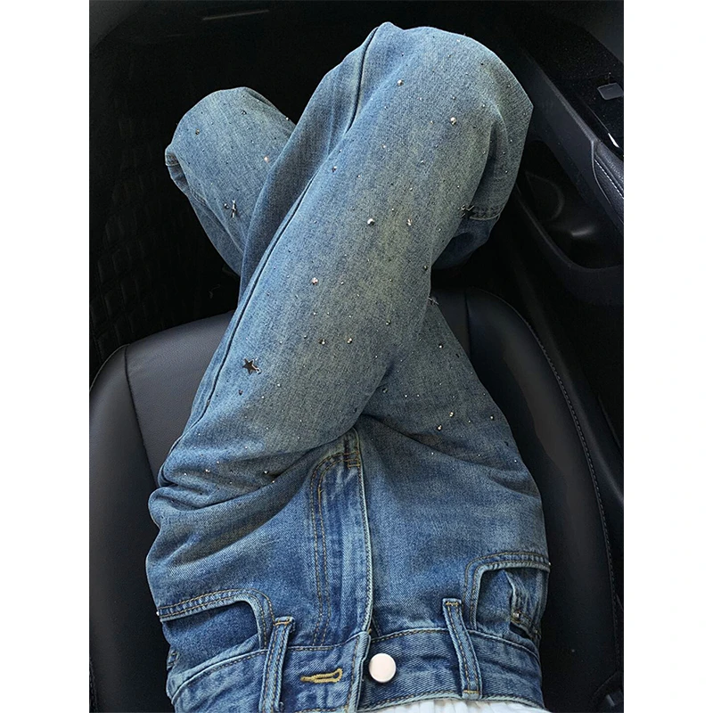 满天星烫钻直筒牛仔裤女秋季高腰宽松显瘦小个子窄版休闲阔腿长裤