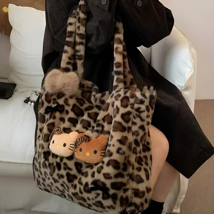 秋冬新款毛绒绒豹纹kitty托特包毛毛大容量单肩包包秋冬可爱慵懒Q