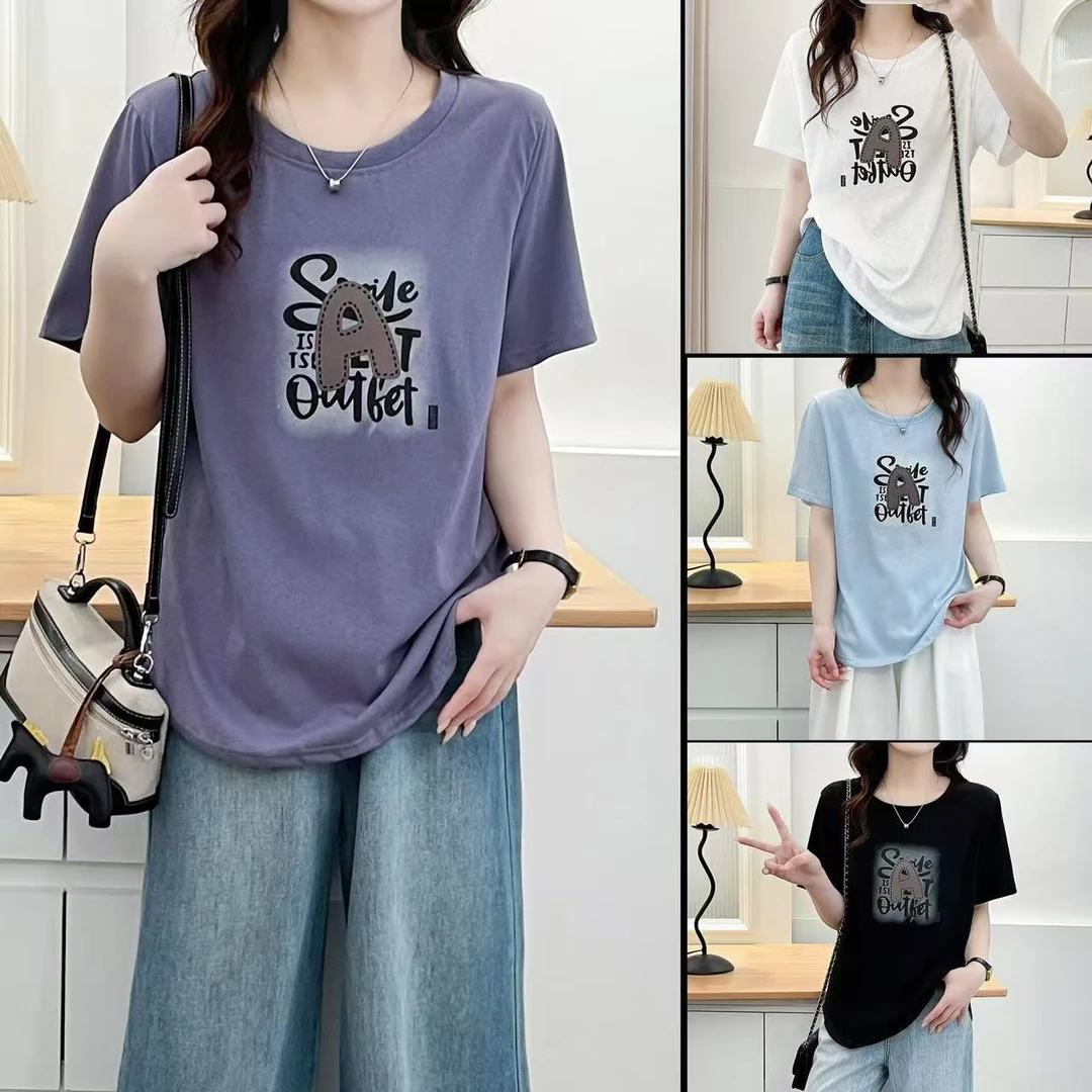 大码女装雪花棉A字印花正肩短袖T恤女夏季胖mm宽松显瘦上衣873