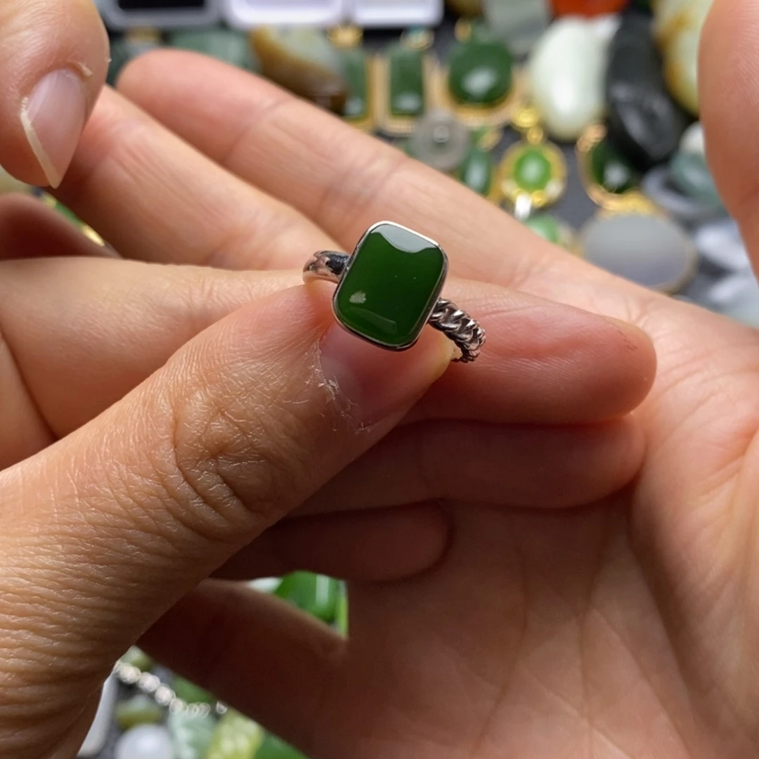 和田玉银S925镶嵌珠宝半成品圈口14