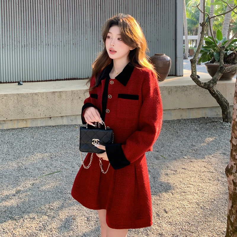 早秋红色小香风套装裙女2025新款爆款千金感上衣高腰半身裙两件套