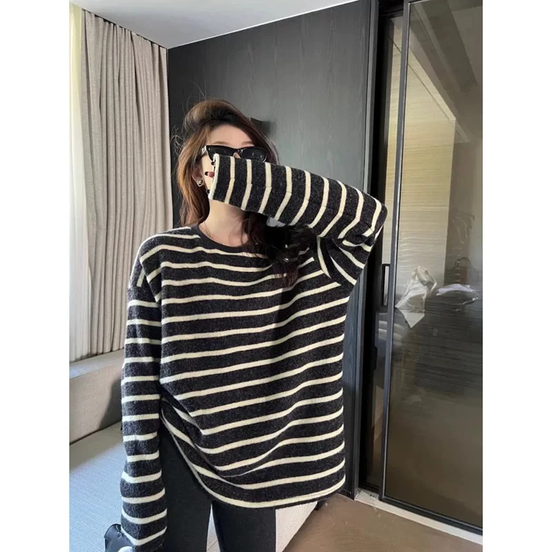 加绒「慵懒风」长袖-【男女同款】日系条纹秋冬保仿兔毛绒软懦感24232