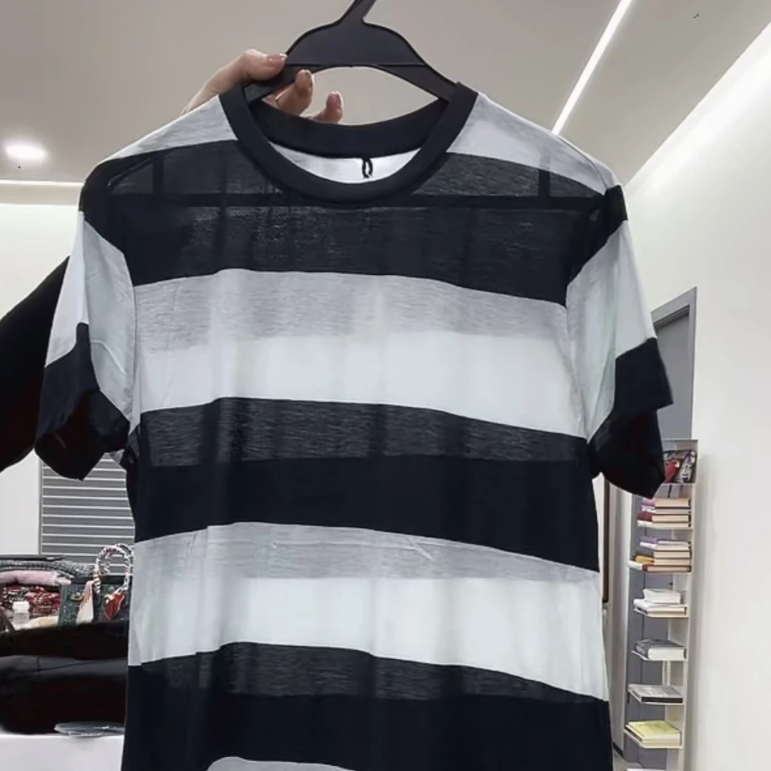 YEVACHAO黑白条纹短袖上衣