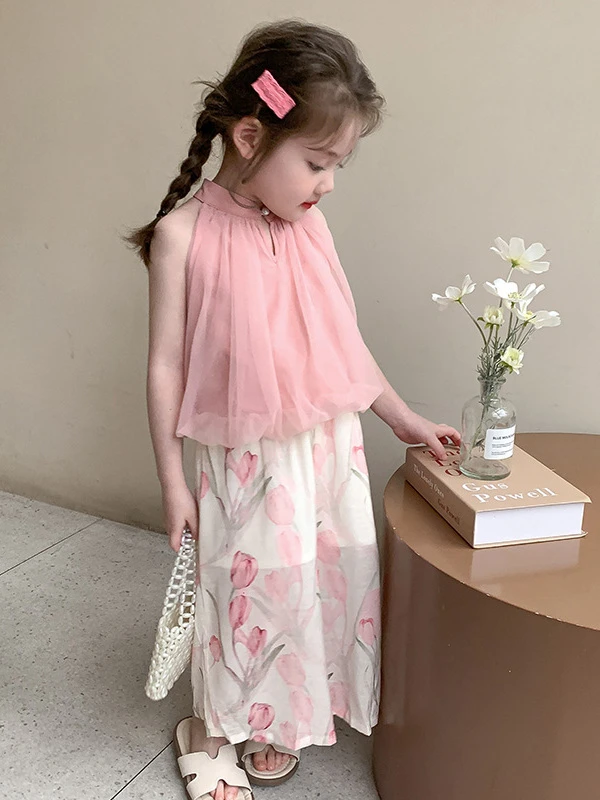 女童套装夏季2025新款儿童洋气时髦女宝宝夏装无袖国风小女孩套装