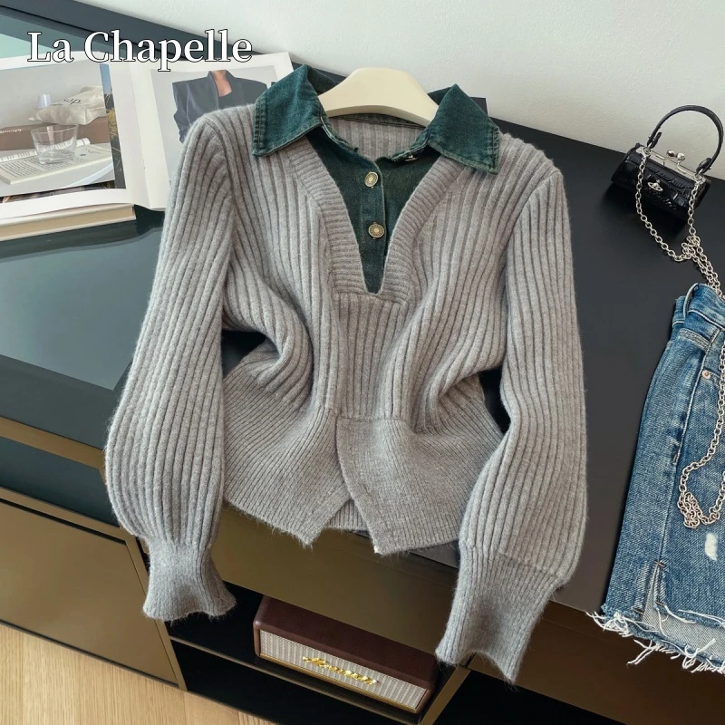 拉夏贝尔冬季新外穿显瘦毛衣设计感牛仔拼接气质不规则针织衫上衣