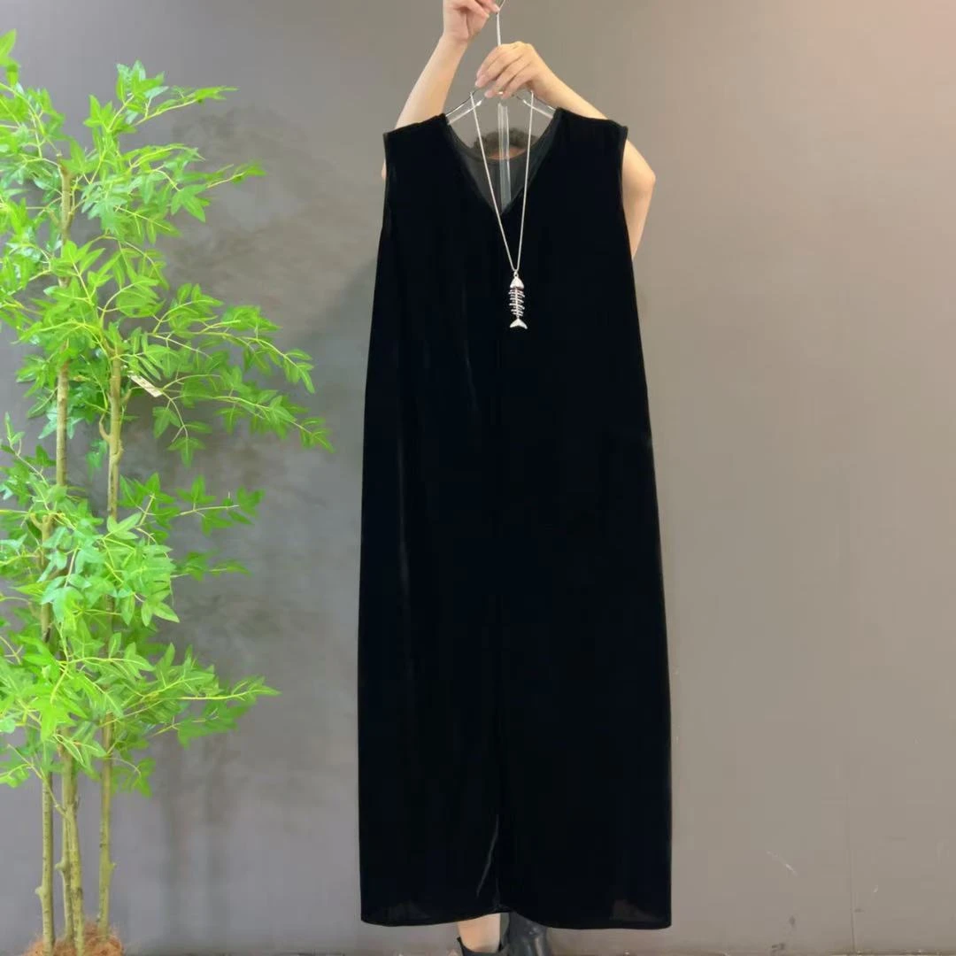 8986夏季欧货优雅高级感丝绒气质V领无袖纯色大码连衣裙长裙裙子