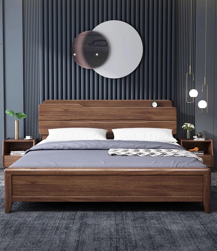 黑胡桃实木床现代轻奢简约主卧大床单人床1.5米1.8米*2米家用成套
