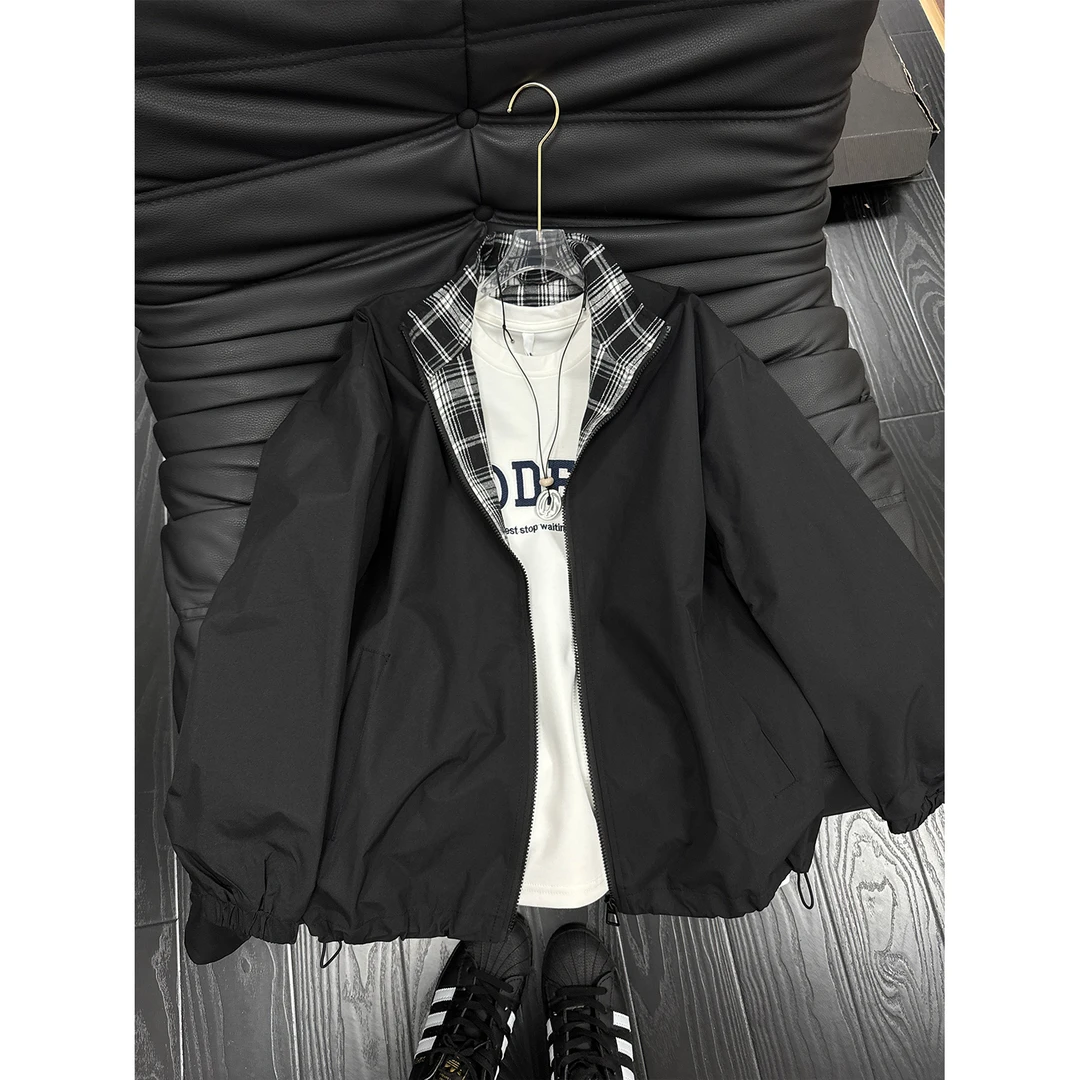 fitcheck格子拼接夹克男春秋复古设计感无帽上衣美式翻领情侣外套