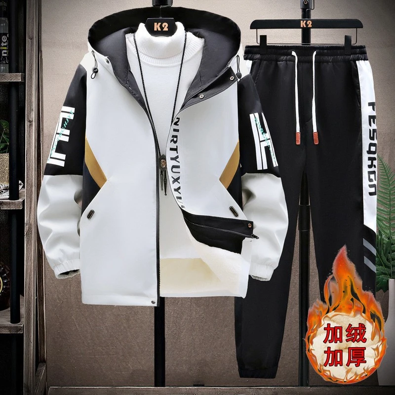 青少年学生加绒夹克套装男士超厚冬装潮流休闲帅气两件套工装