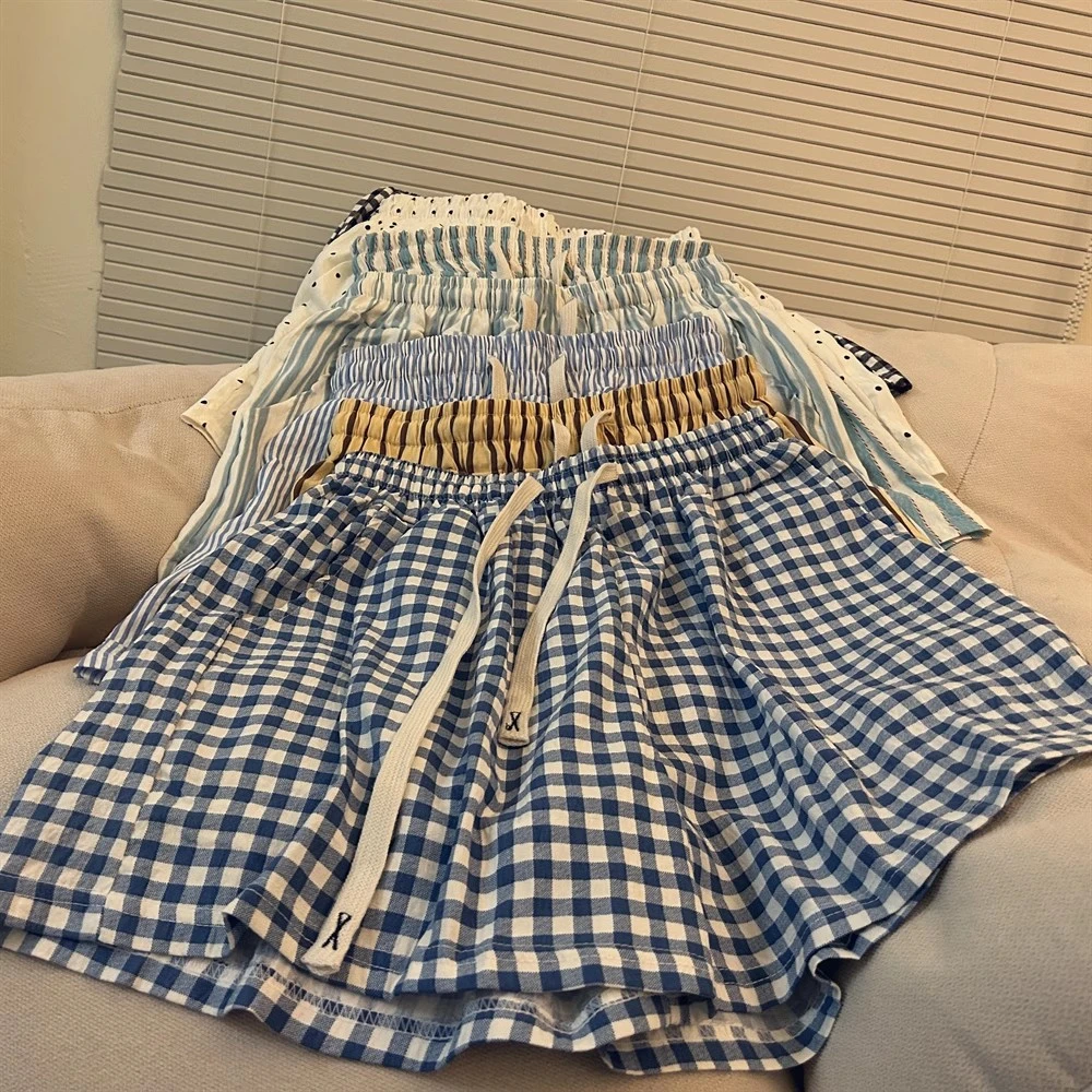 多巴胺日系新款格子睡裤女夏季薄款宽松复古可出外穿遛弯慵懒神裤