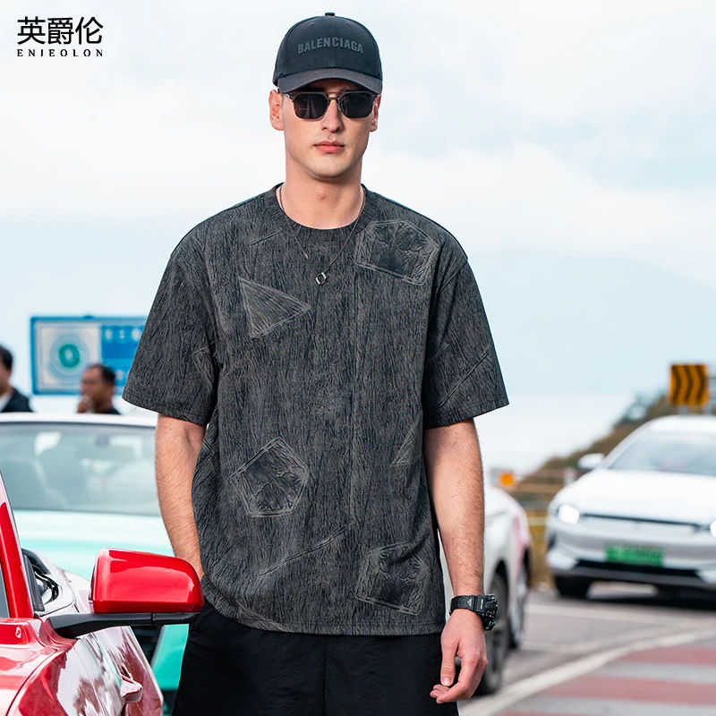 重磅轻废土风蜡染宽松短袖T恤男夏季复古扎染落肩半袖上衣T9542