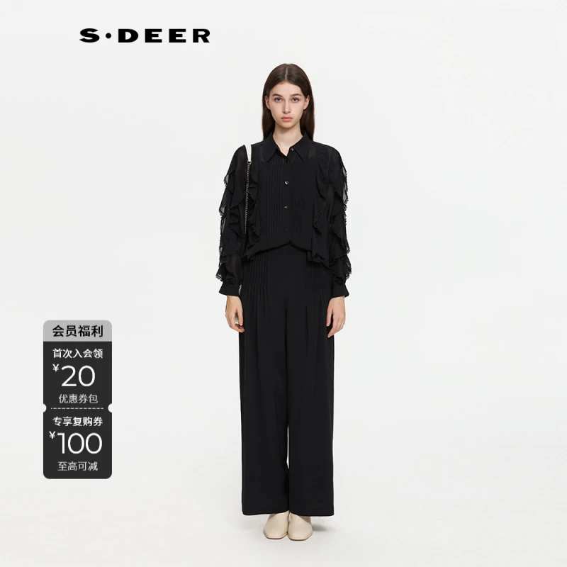 S·DEER圣迪奥女装文艺风飘逸立体剪花黑色长袖衬衫上衣S253Z0506