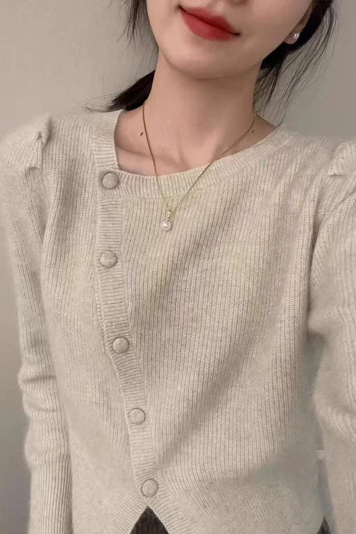 时尚中古山茶秋高智老钱风线衫斜门襟刀领下摆开叉针织衫女上衣