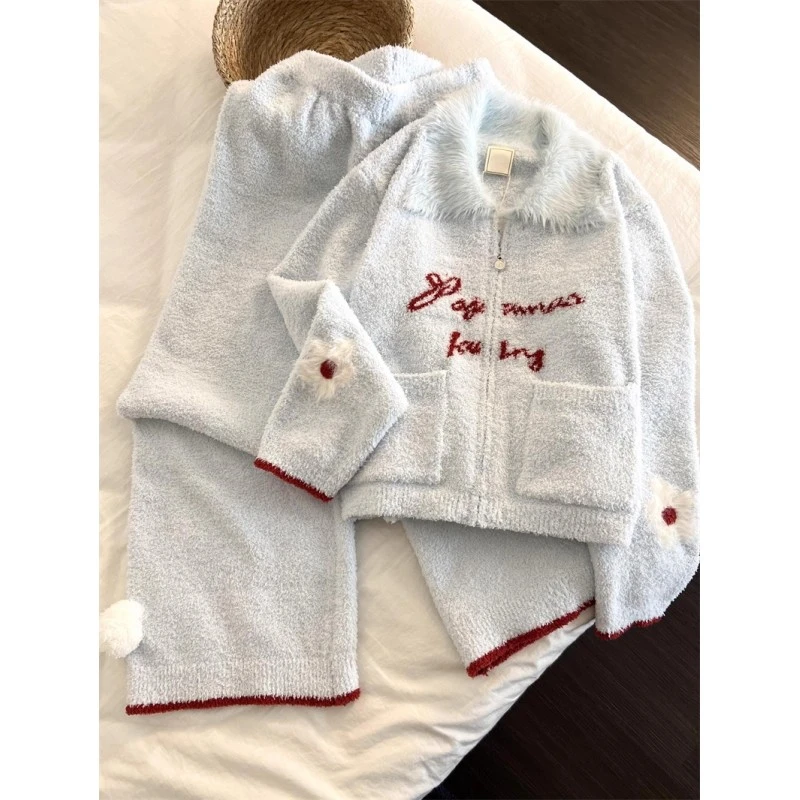 韩系简约字母印花半边绒2025新款睡衣女秋冬季加绒加厚家居服套装