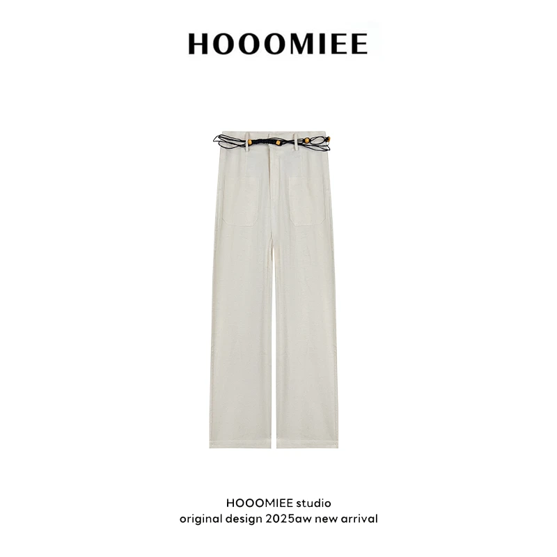 Hooomiee简约纯色天丝麻感设计感手工编织腰带女士休闲裤CK1098