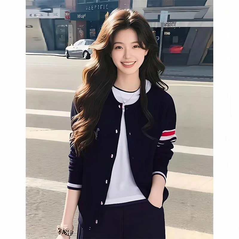 撞色条纹针织开衫圆领上衣女2025年春季新款休闲百搭长袖毛衣外套