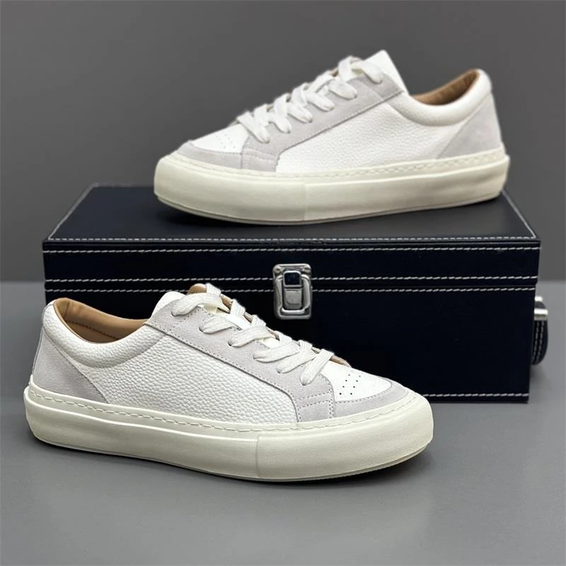 男鞋2024秋季新款纯色皮面休闲板鞋系带低帮鞋复古时尚百搭潮鞋子
