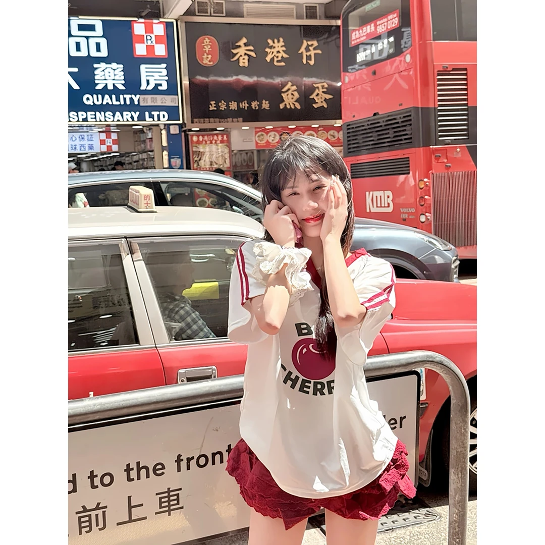 美式复古街头运动少女风新款白色V领球衣水果印花宽松T恤女夏季潮