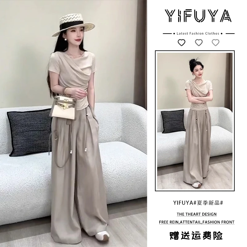 夏日茶里茶气别致套装高级感气质显瘦斜领短袖上衣盐系轻熟两件套