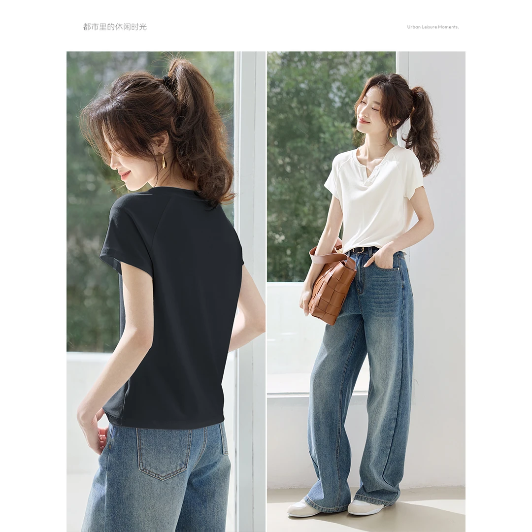 沫晗依美修身显瘦V领T恤2025夏千禧风简约高弹力白色短袖女26203