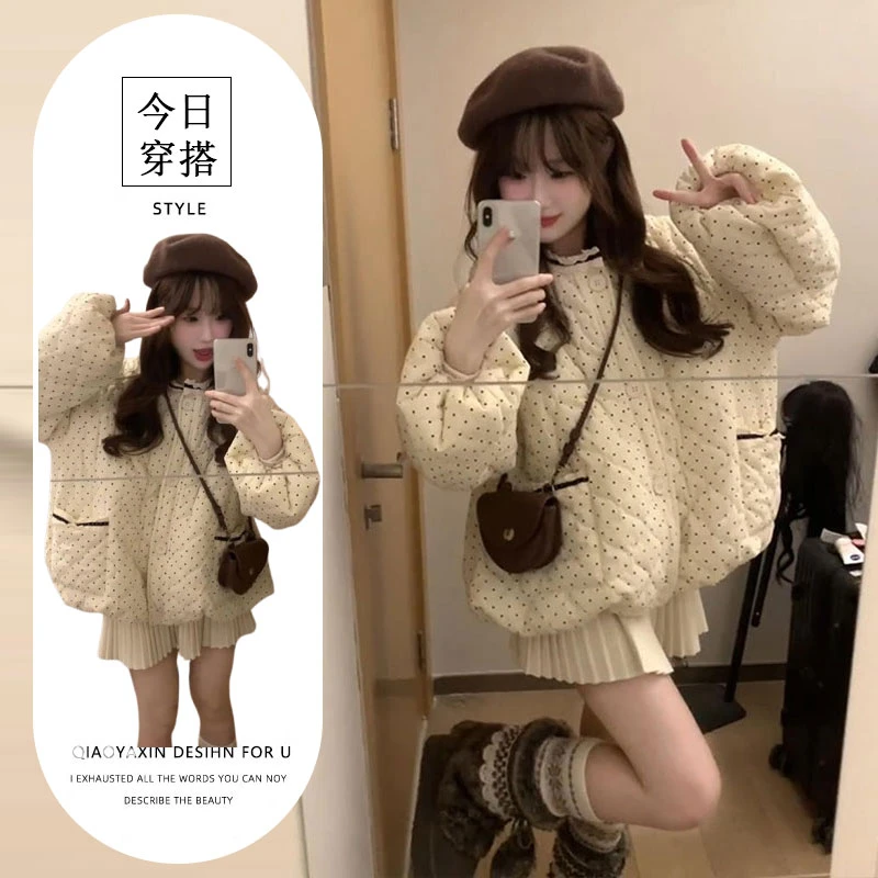 韩系复古休闲波点棉服外套女秋冬季小个子百搭宽松加厚保暖面包服