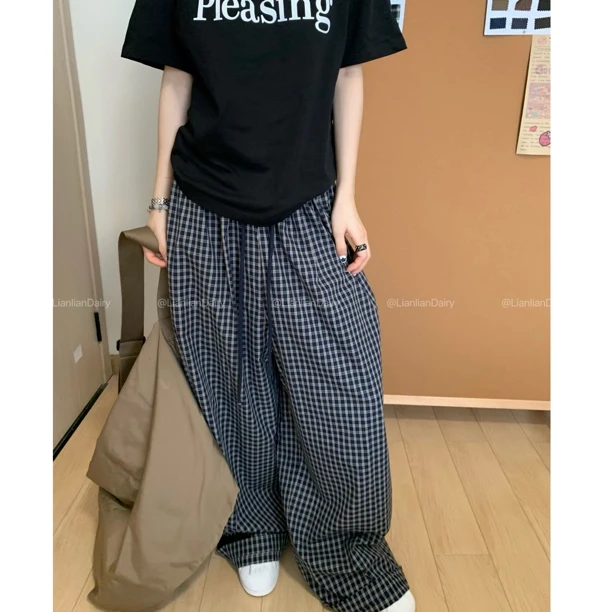 脸脸 韩版松弛百搭ins休闲抽绳阔腿格子裤（缩水3-5公分，介意勿拍）
