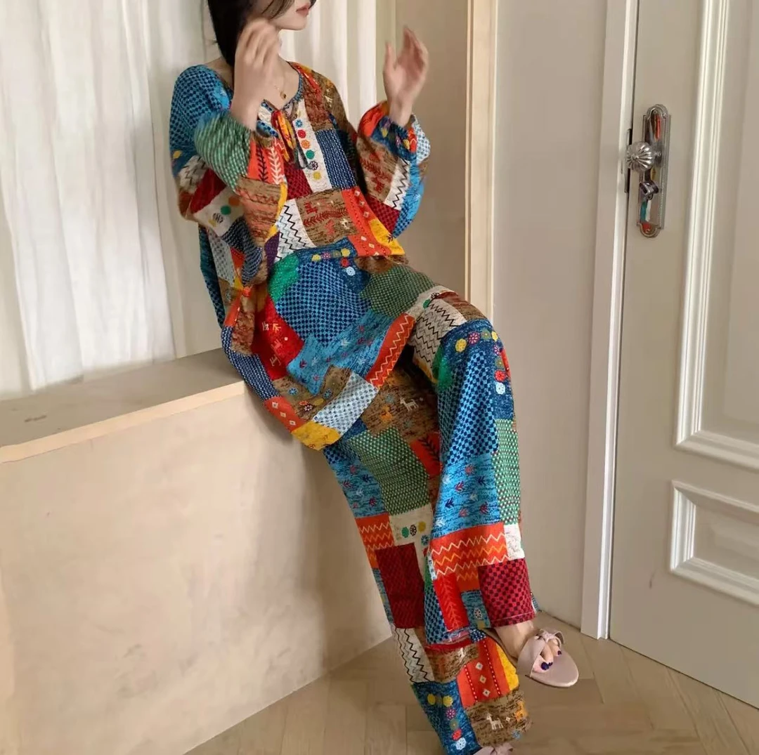 【卡码拍大】【阔腿裤】绵绸长裤夏季花色家居九分裤可外穿80-150斤