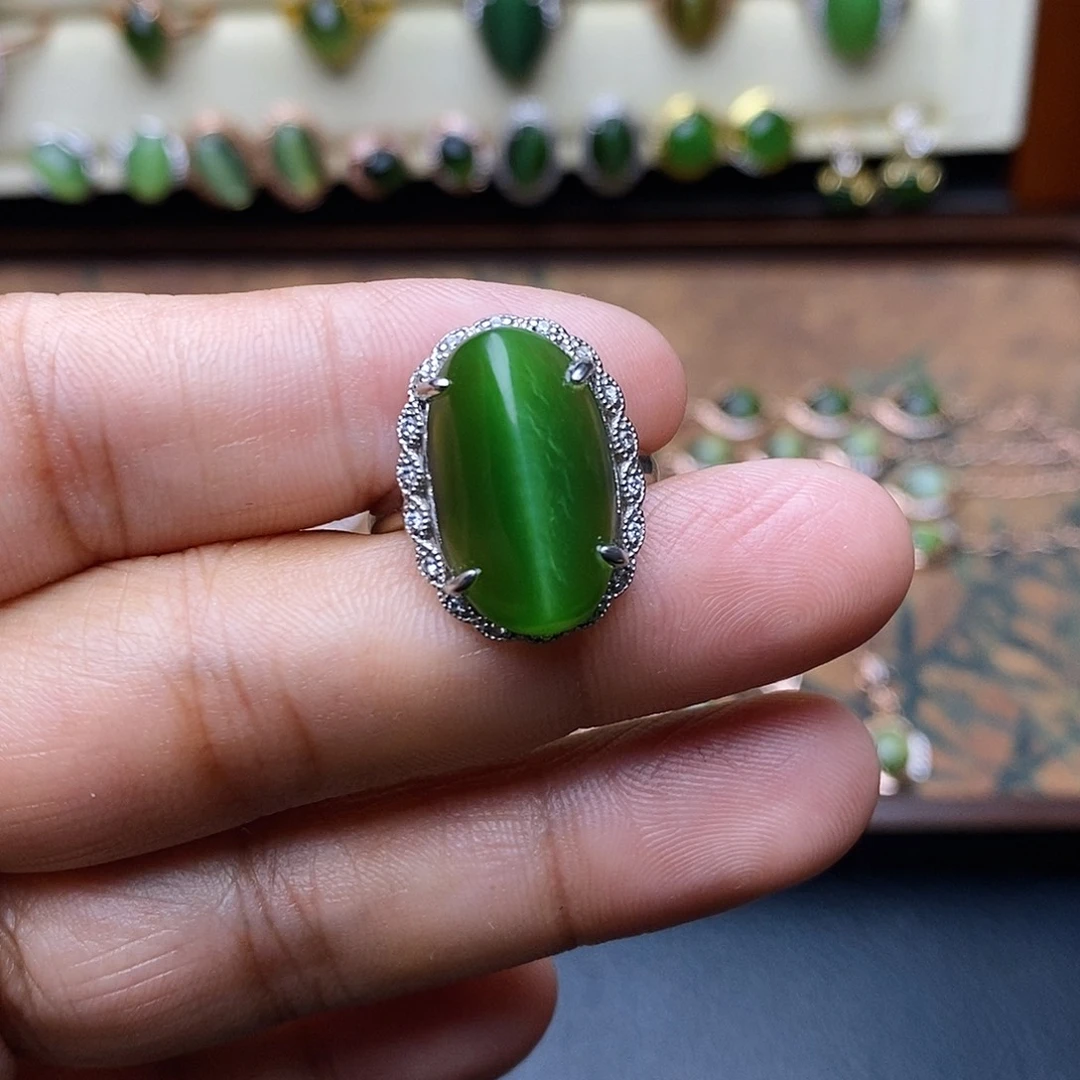 和田玉（碧玉）银S925镶嵌吊坠(不含链)招**宝戒指