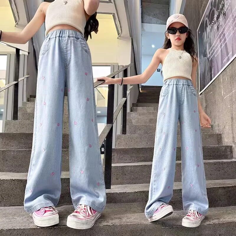 【思晨家】女童裤子夏季天丝牛仔裤中大童阔腿裤宽松薄款直筒冰丝裤