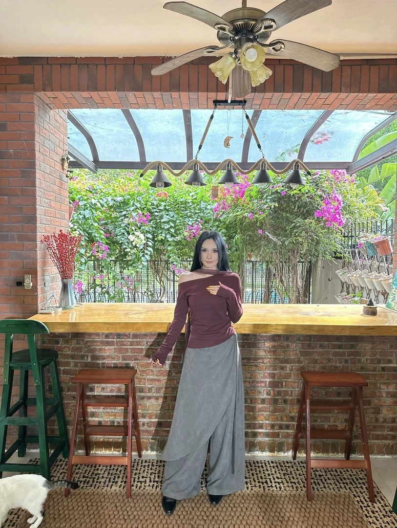 A&N   【清风自来】秋冬露肩网纱飘带针织衫阔腿裤高级复古套装