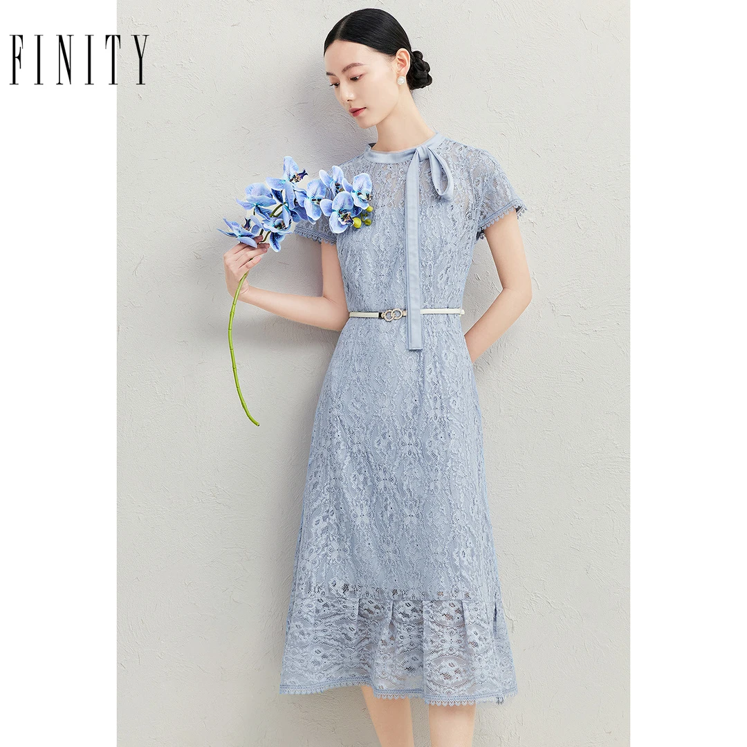 【粉丝专享】FINITY 连衣裙夏季新款简约飘带领系带收腰 F22UC5811L