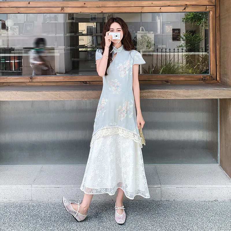 新中式国风蓝色连衣裙a字裙女2025夏季新款独特甜美显瘦长裙子