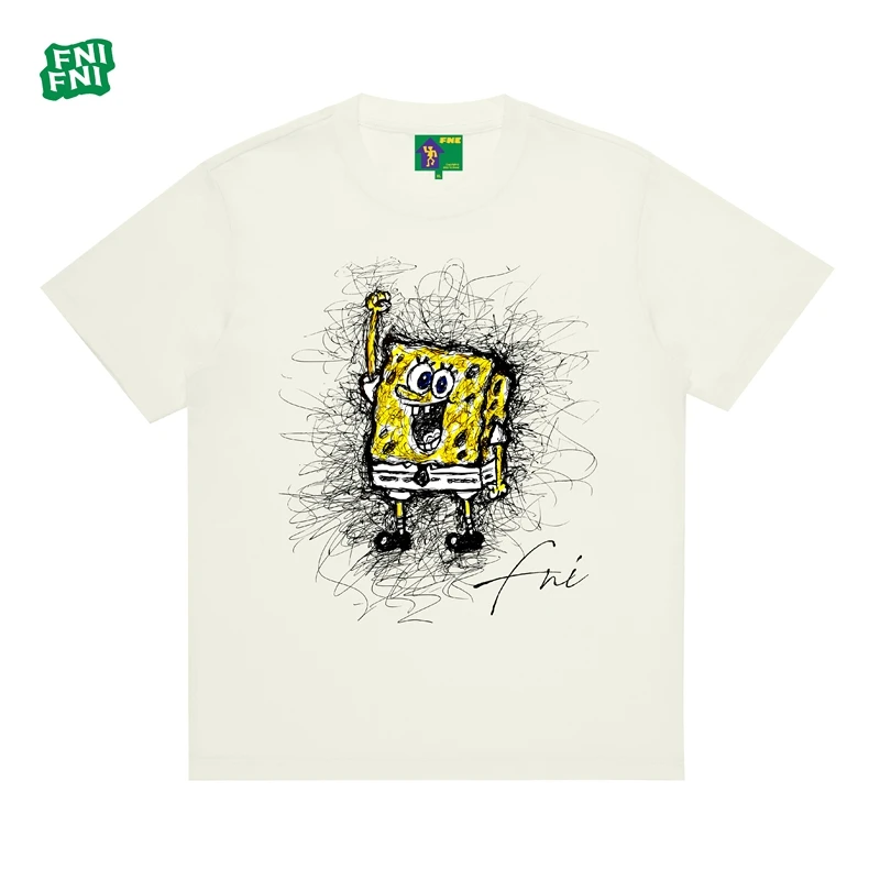 FNI国潮重磅纯棉（线条海绵）男女同款t恤美式复古短袖24新款白墨