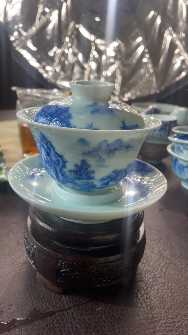 景德镇手绘手工三柴盖碗青花瓷陶瓷缠枝茶盖碗茶具套组青花山水