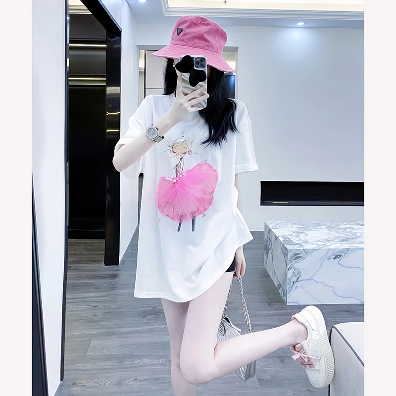 白色短袖t恤女2025夏季新款宽松显瘦印花独特中长款下衣失踪上衣