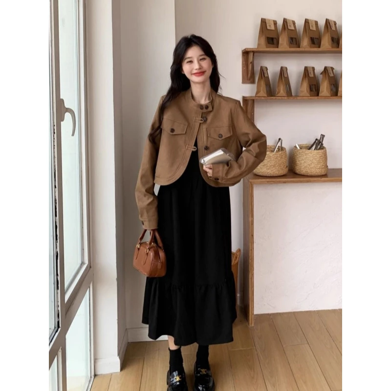 大码300斤美拉德穿搭短外套吊带裙两件套胖mm韩版高级感套装裙女