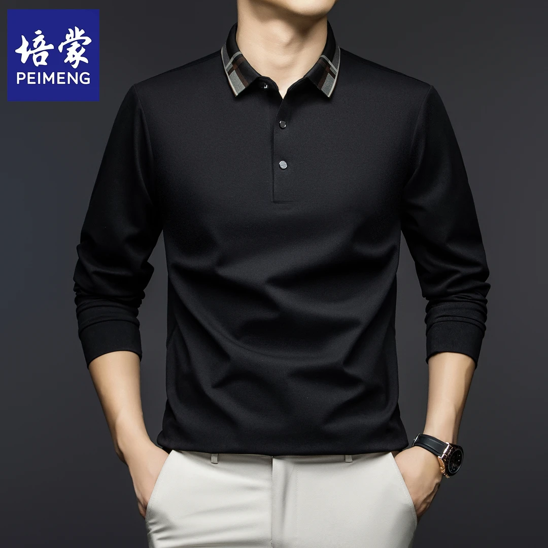培蒙长袖春季无痕纯色中青年Polo衫打底翻领男士休闲t恤上衣宽松