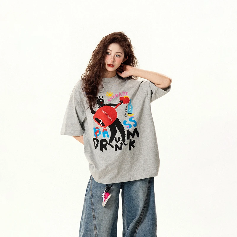 野生阿子美式复古趣味涂鸦印花短袖T恤女夏季新款宽松百搭上衣潮