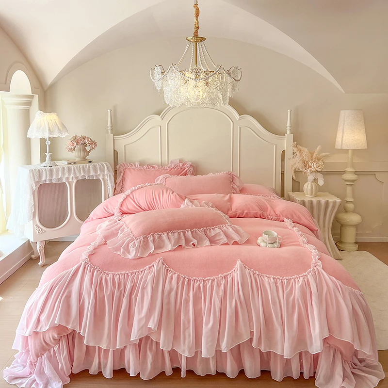 法式少女心蕾丝边珊瑚绒四件套加厚保暖双面牛奶绒床裙款粉色被套