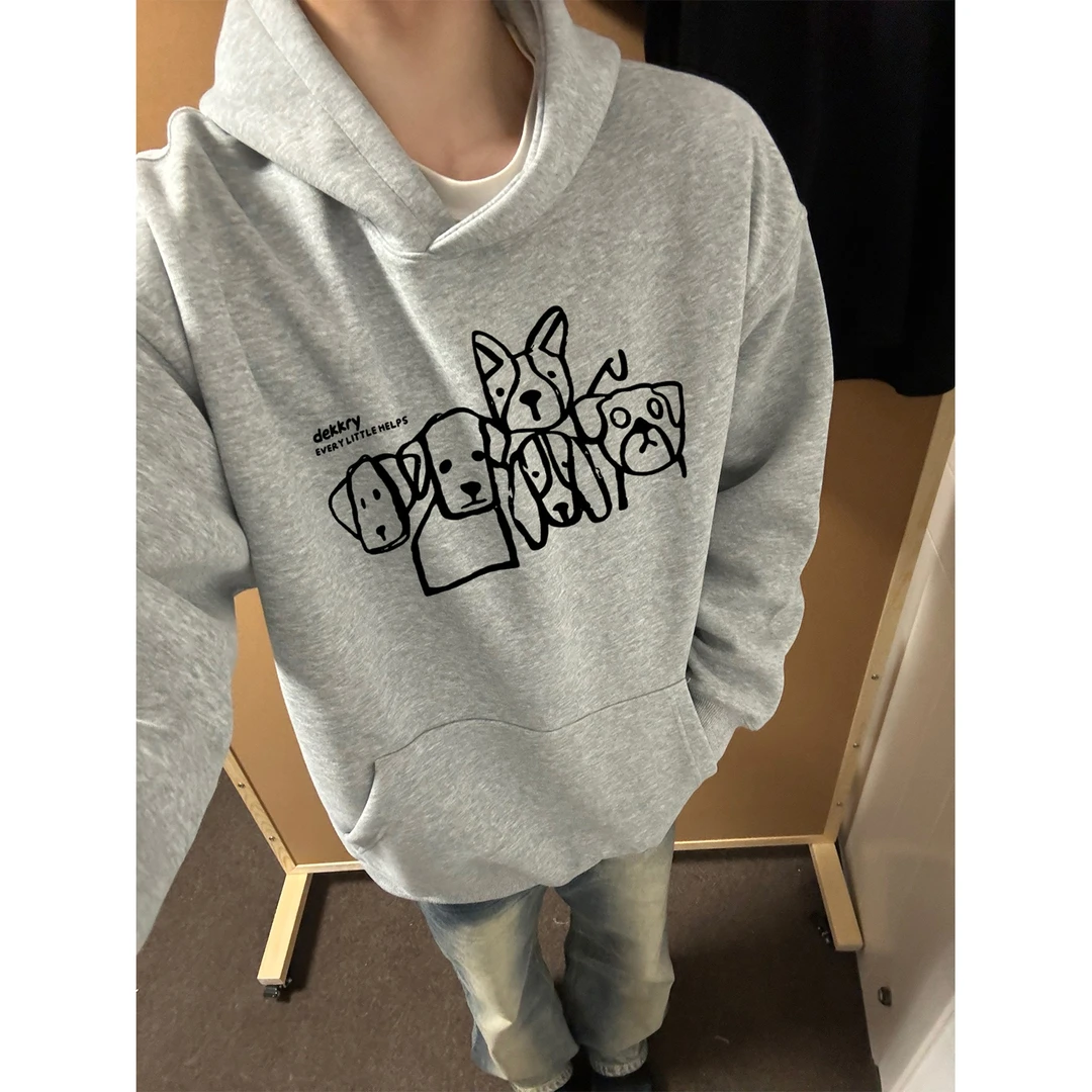 美式个性手绘小狗印花连帽卫衣男女秋冬季百搭宽松休闲情侣款上衣