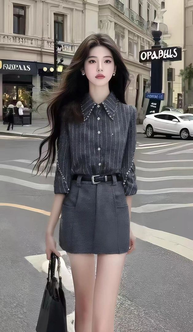 时尚休闲轻职风灰色条纹长袖衬衫上衣+灰色包臀百搭半身裙两件套