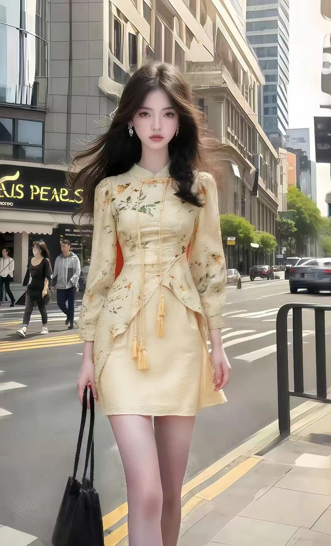 小众设计气质显瘦国风黄色长袖碎花修身收腰包臀连衣裙时尚高级感