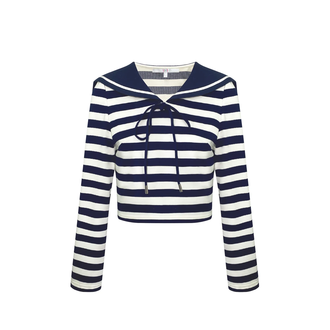 姜穹JIANGQIONG2025早春新款荷叶花边领蝴蝶结绑带饰条纹长款卫衣