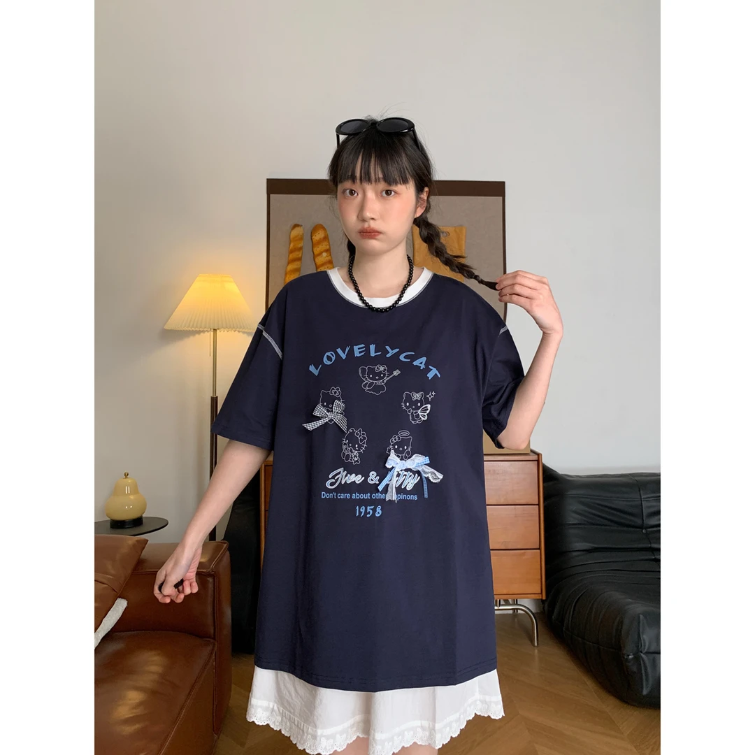 韩系时尚减龄软萌卡通图案设计感短袖女夏季甜美立体蝴蝶结T恤潮