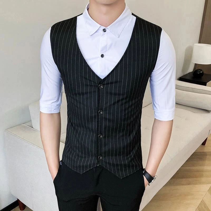 假两件马甲衬衫男短袖发型师7七分袖衬衣酒吧ktv服务员工作服夏装
