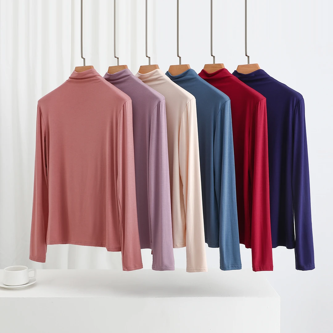 莫代尔半高领打底衫内搭长袖气质面膜t恤女春秋中领修身薄款上衣