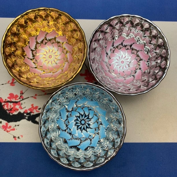 蓝花开粉花开陶瓷杯无镶嵌主人杯高端茶杯3只装无礼盒