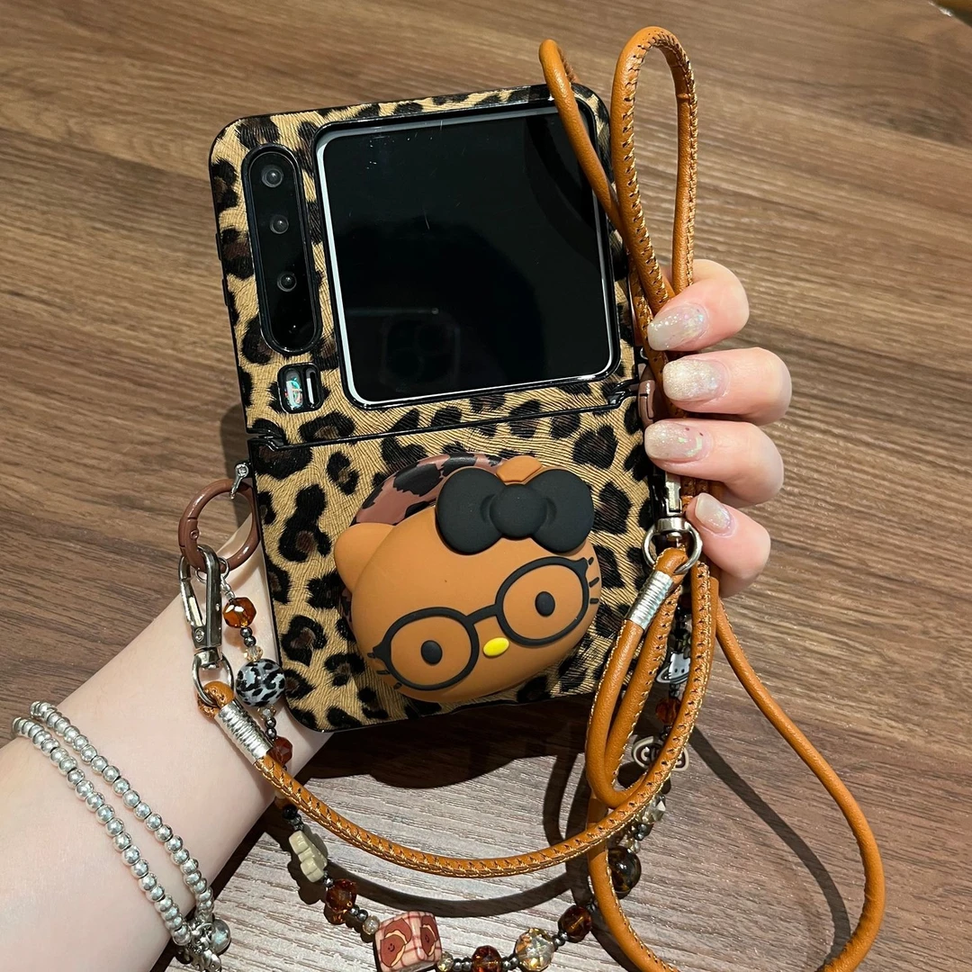 复古豹纹KT猫磁吸支架斜挎绳适用华为PuraX手机壳荣耀MagicVFlip2