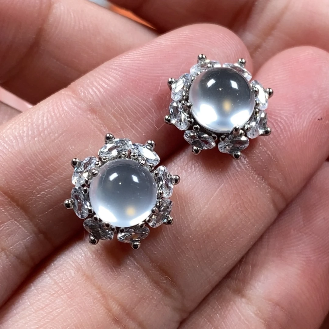 石英质玉银S925镶嵌颈饰澳白耳钉